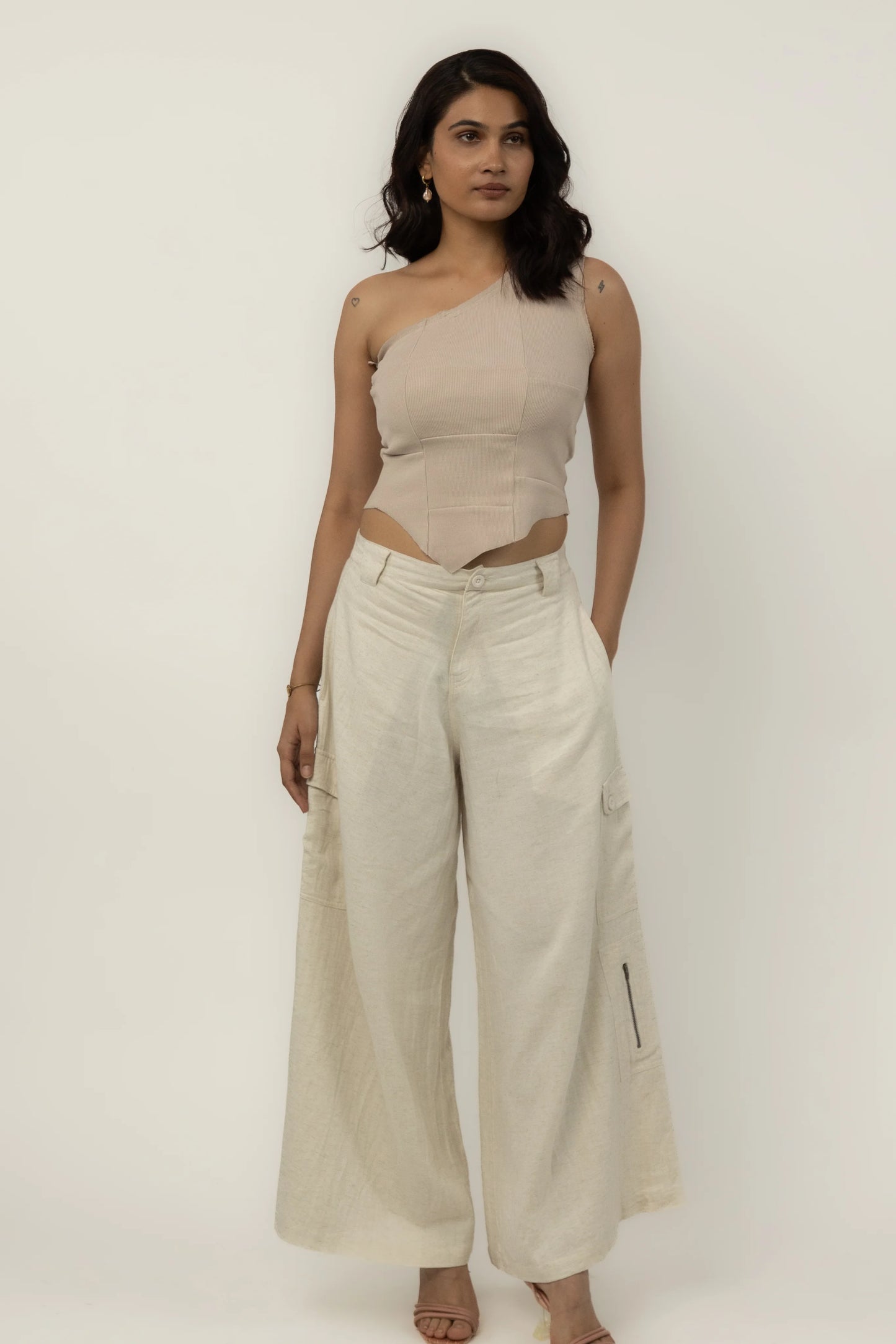 Tuberose One Shoulder Top (Beige)