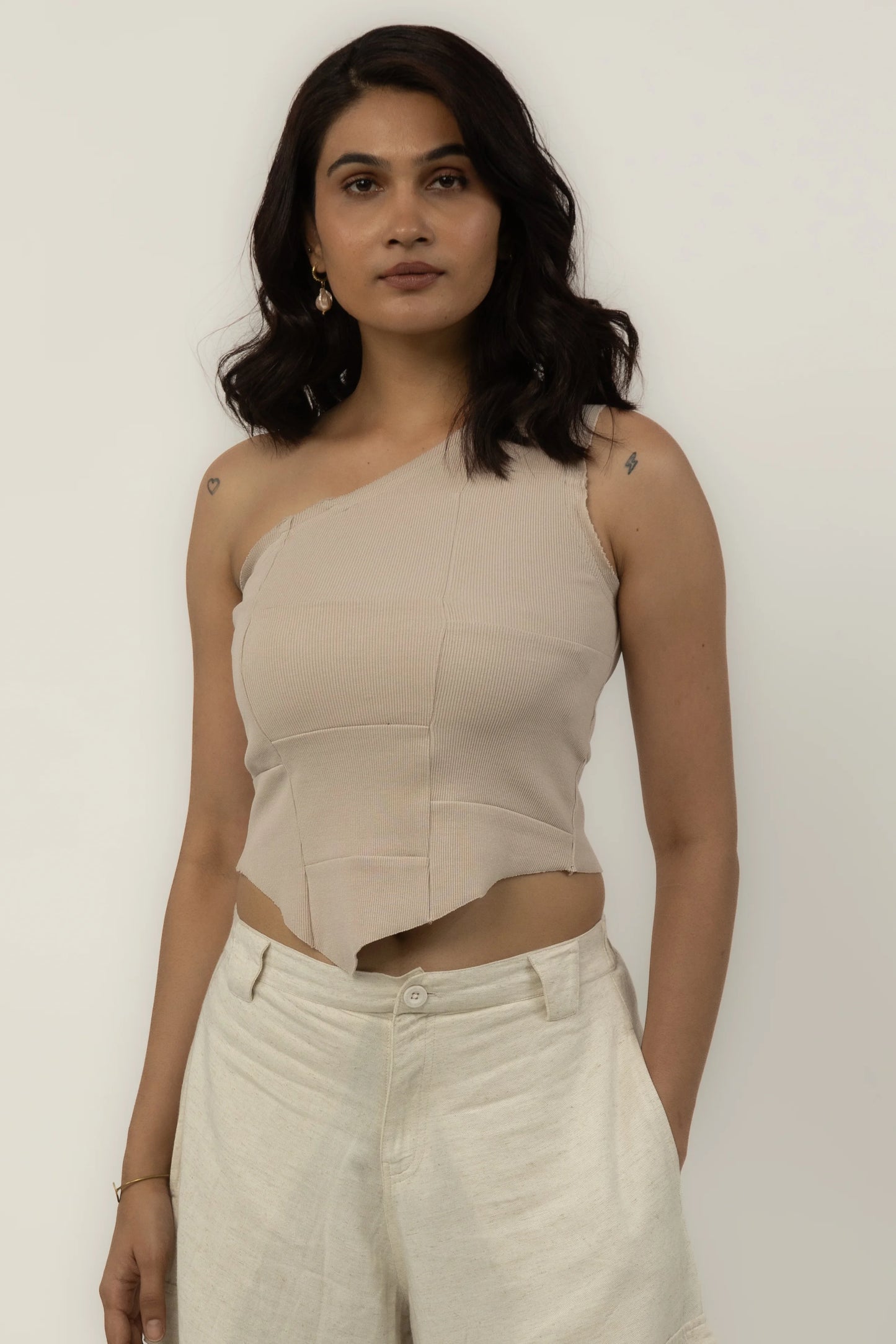 Tuberose One Shoulder Top (Beige)