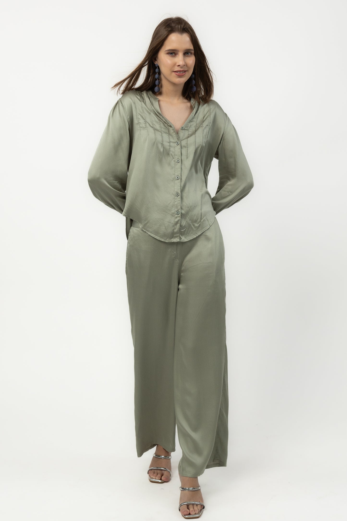 Modal Satin Co-Ord Set (Sage) | Set of 2 by Purple Potato