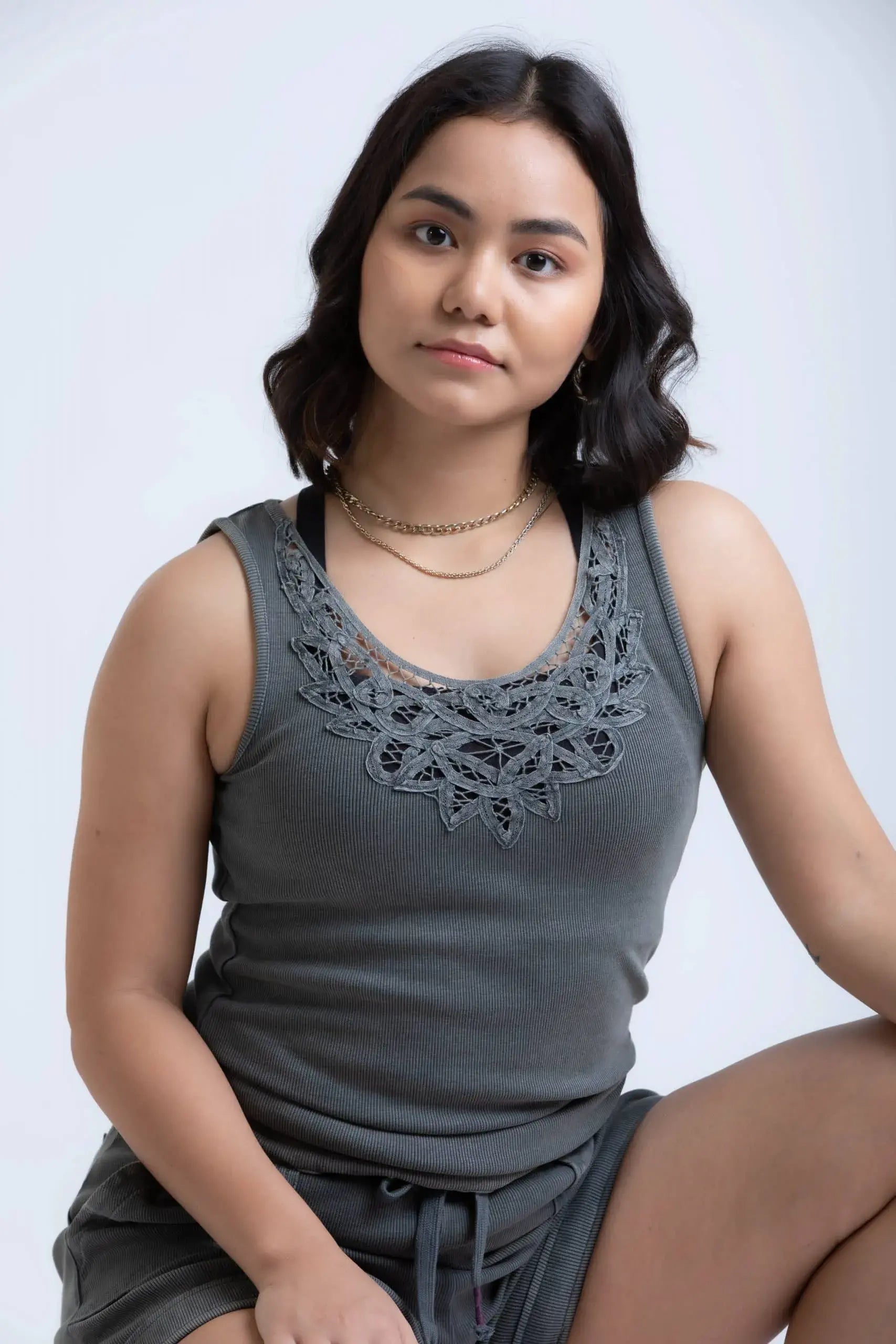 Sweetpea Lacy Tank (Grey) - PURPLE POTATO