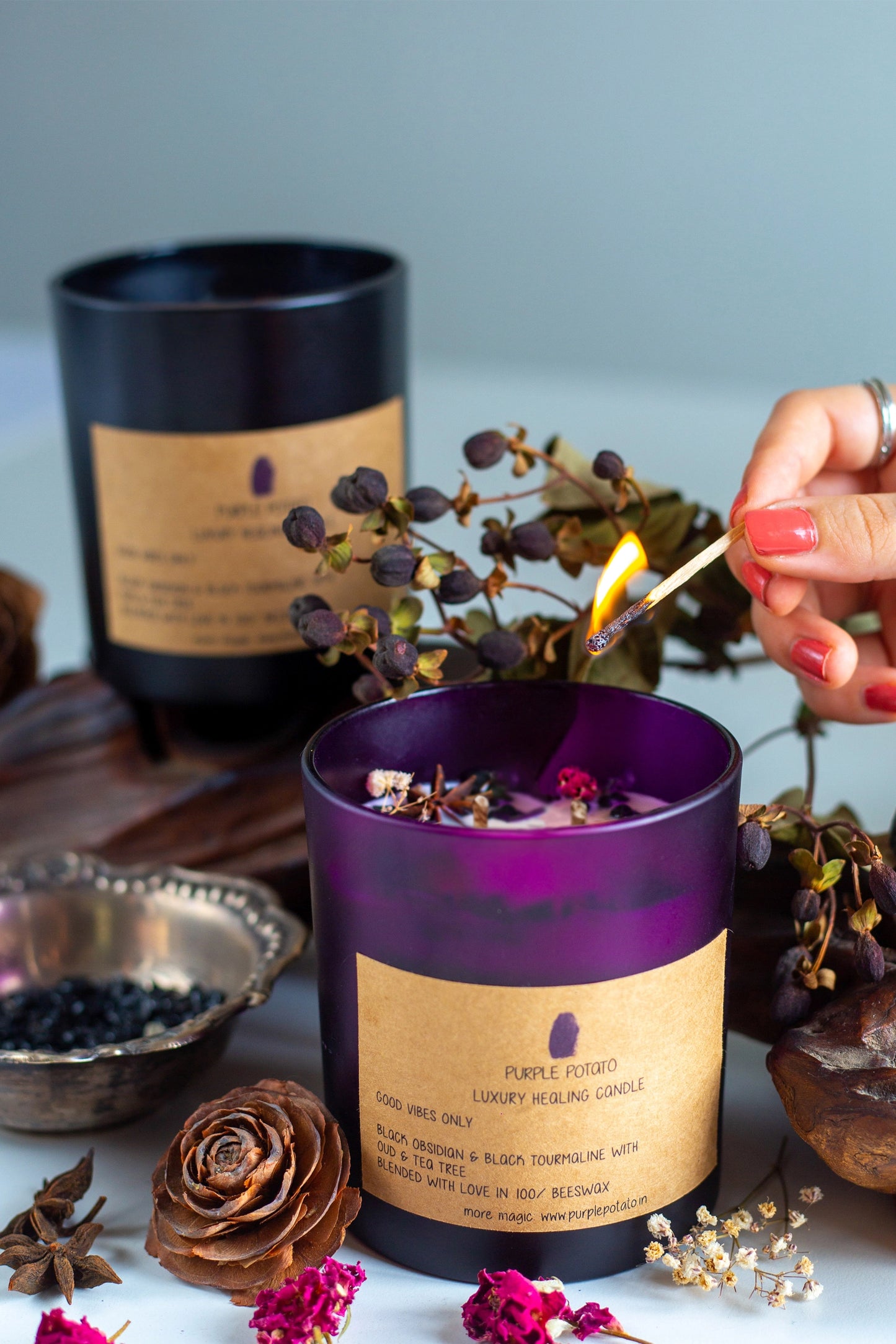 Good Vibes Only Black Obsidian Candle (Purple Jar)