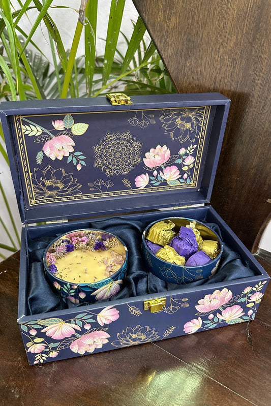 Blue Festive Lotus Box |  1 Candle + Wax Melts