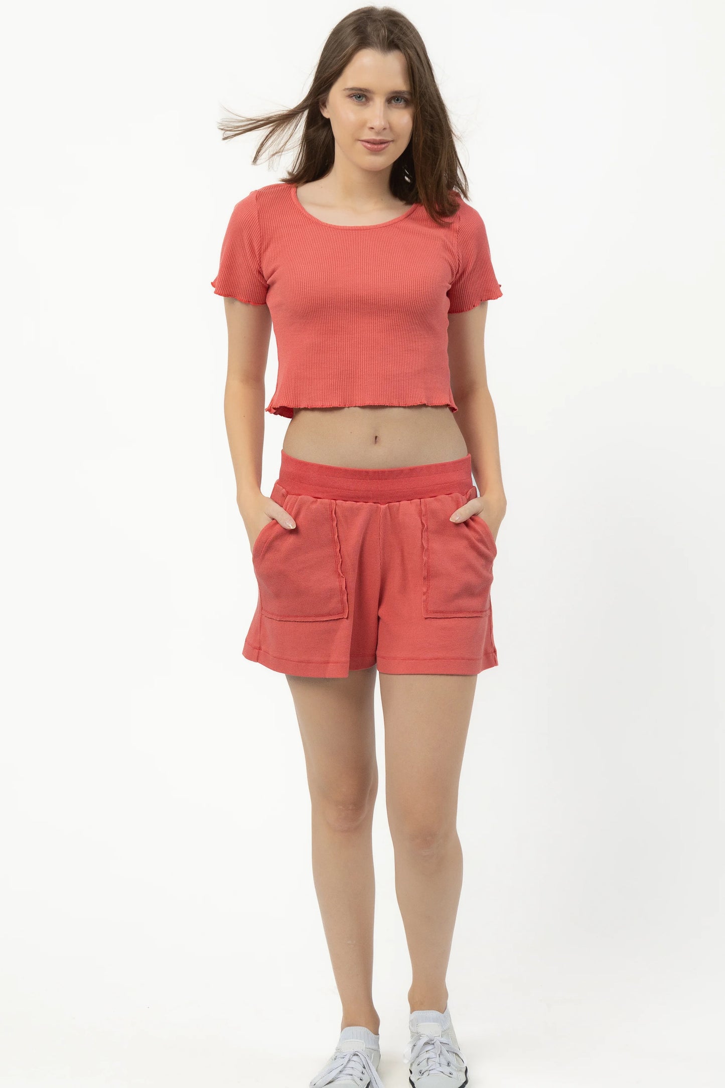 Waffle Knit Cropped Top with Ribbed Shorts (Coral) | Set of 2 by Purple Potato