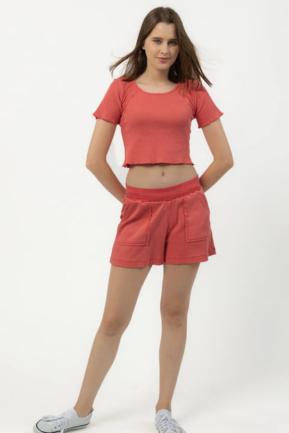 Waffle Knit Cropped Top with Ribbed Shorts (Coral) | Set of 2 by Purple Potato