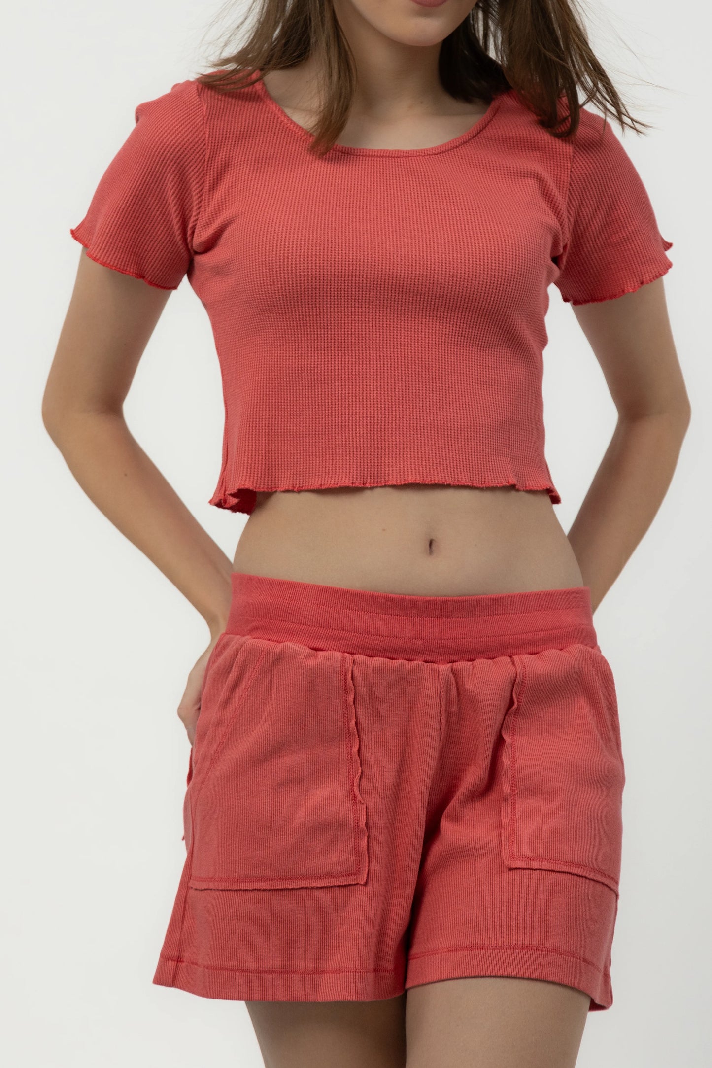 Waffle Knit Cropped Top with Ribbed Shorts (Coral) | Set of 2 by Purple Potato