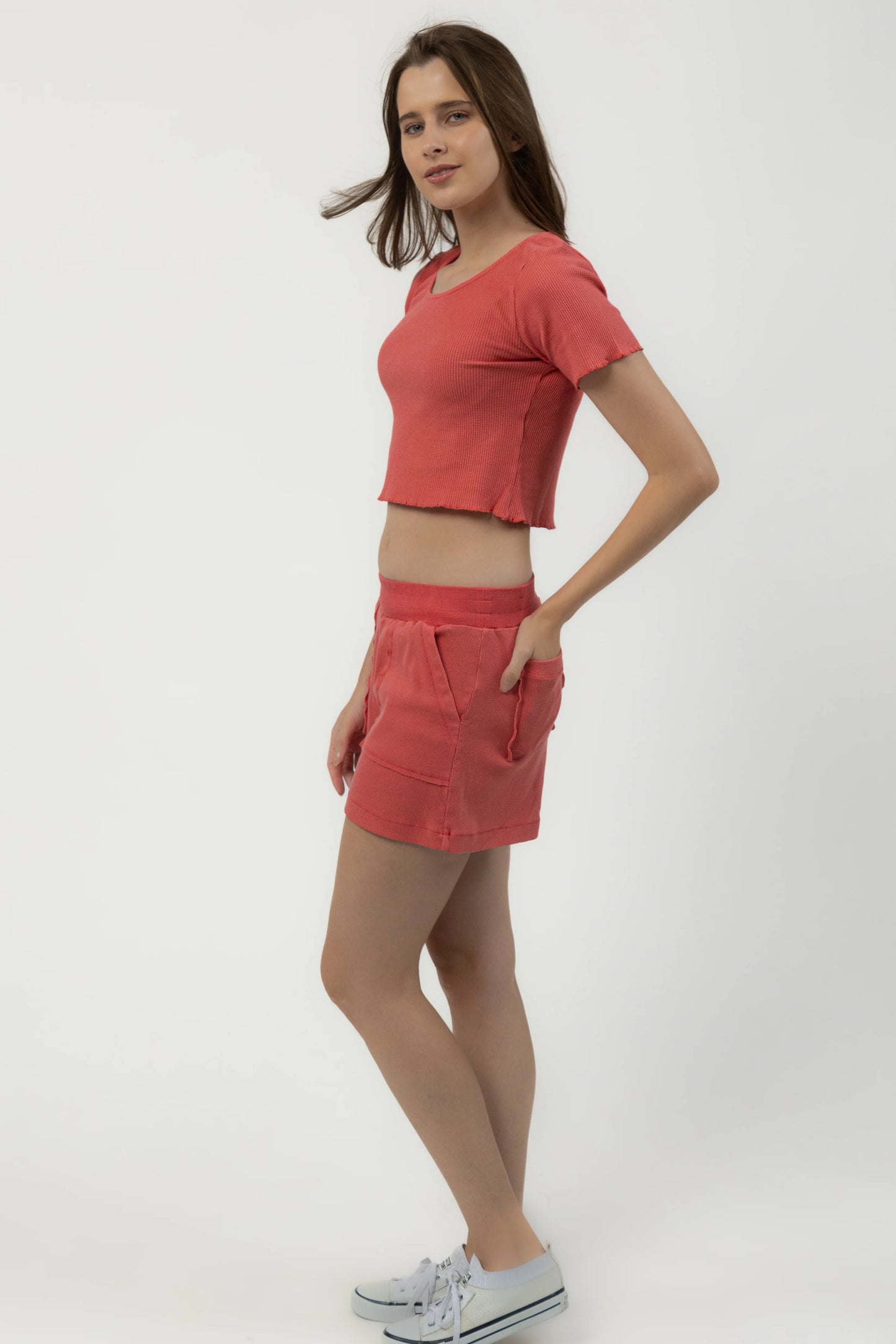 Waffle Knit Cropped Top with Ribbed Shorts (Coral) | Set of 2 by Purple Potato