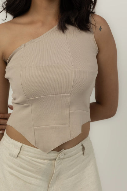 Tuberose One Shoulder Top (Beige)