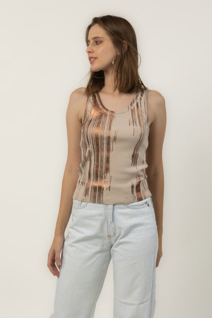 Foil Print Ribbed Tank Top (Cream)