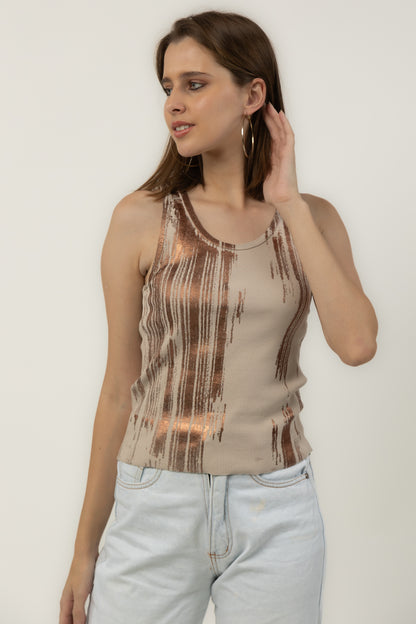 Foil Print Ribbed Tank Top (Cream)