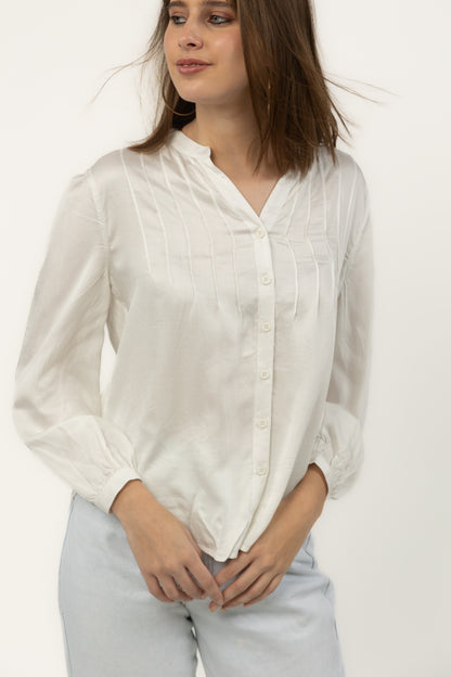 Cloud Modal Satin Pintuck Shirt (Ivory)