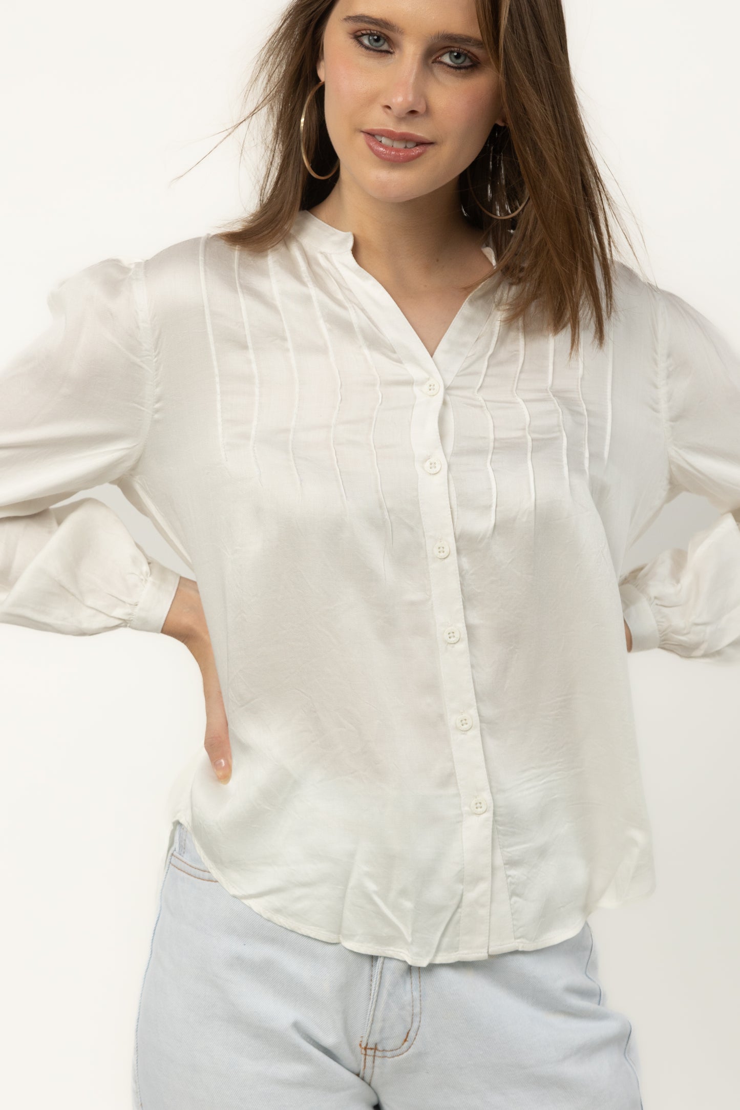 Cloud Modal Satin Pintuck Shirt (Ivory)