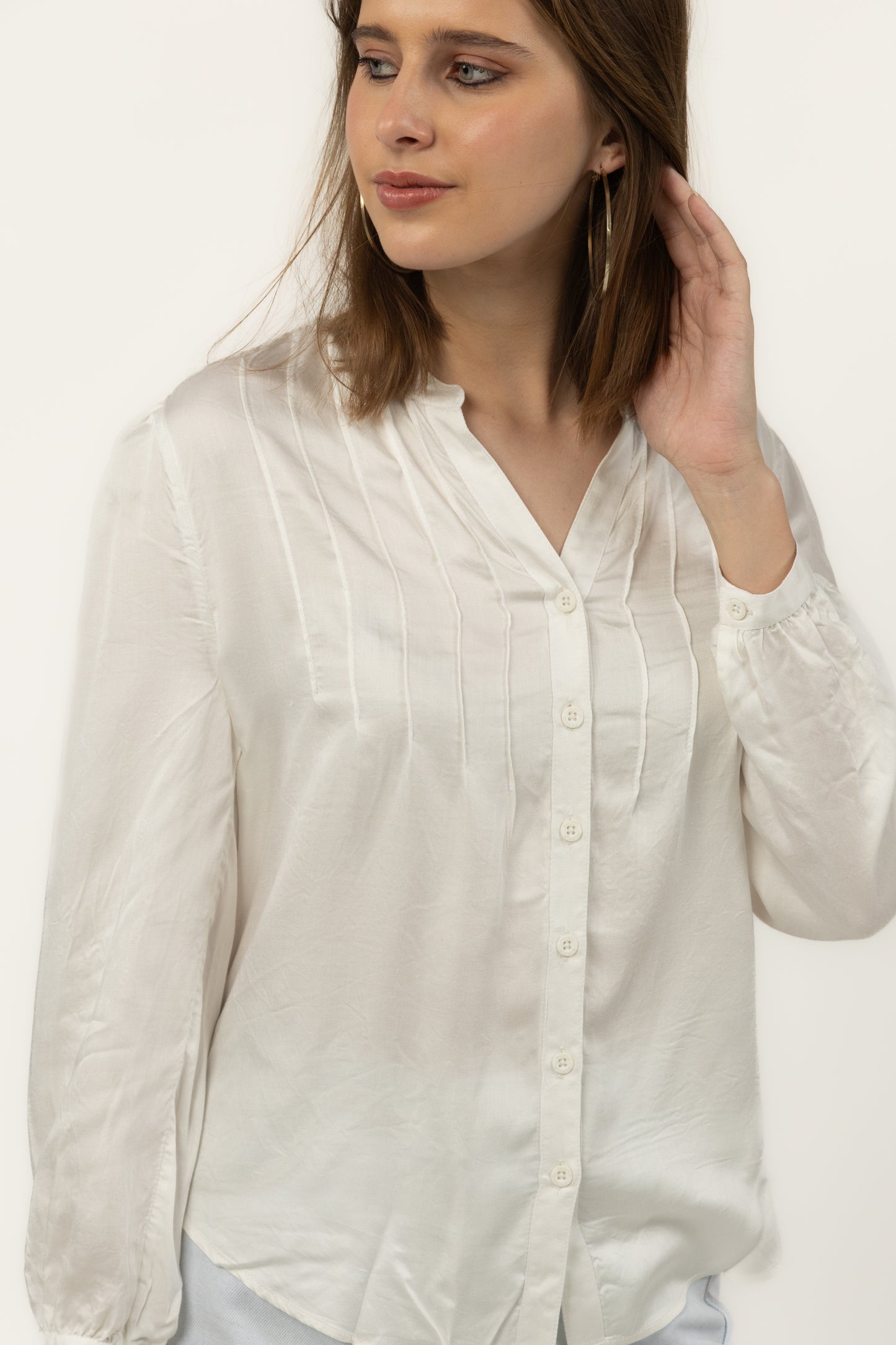 Cloud Modal Satin Pintuck Shirt (Ivory)