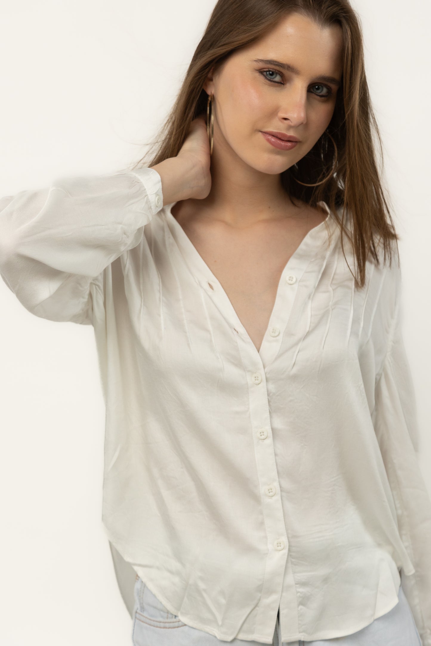 Cloud Modal Satin Pintuck Shirt (Ivory)