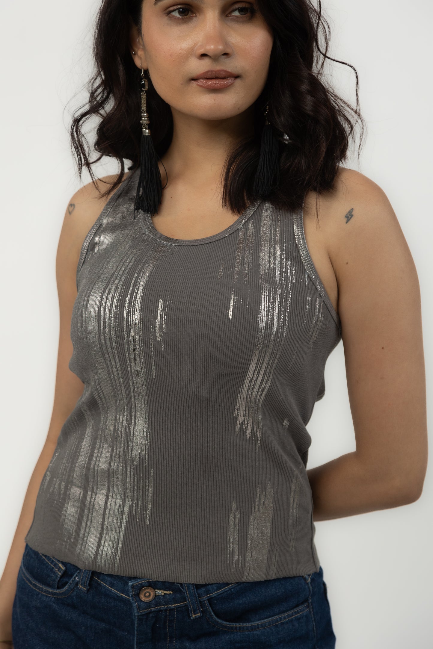 Foil Print Ribbed Tank Top (Grey)