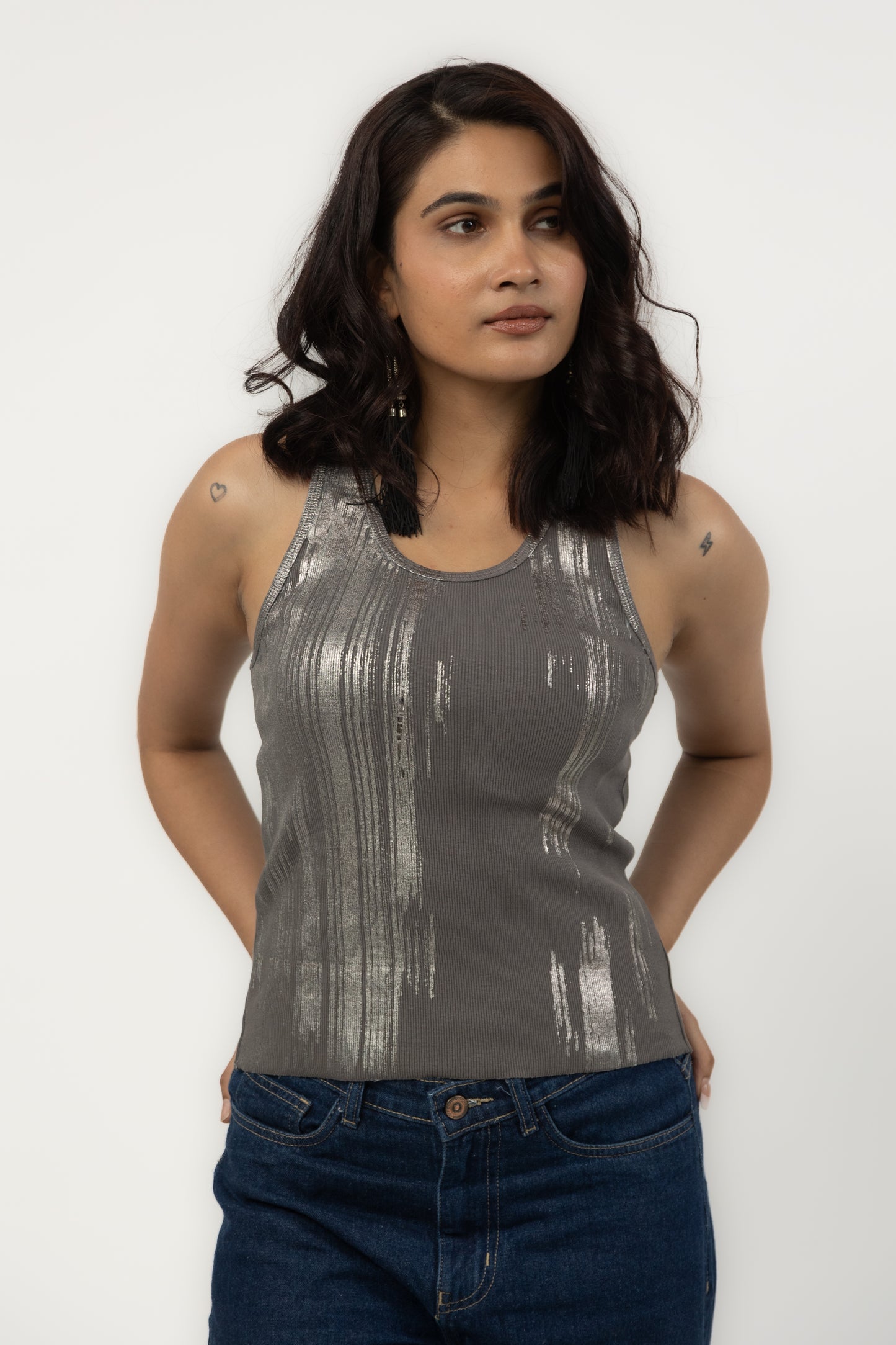 Foil Print Ribbed Tank Top (Grey)