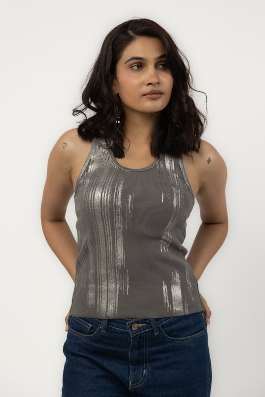 Foil Print Ribbed Tank Top (Grey)