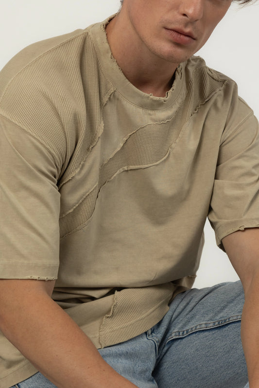 Beige Mixed Media Waffle Tee