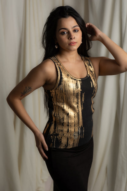 Foil Print Ribbed Tank Top (Ebony)