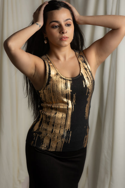 Foil Print Ribbed Tank Top (Ebony)