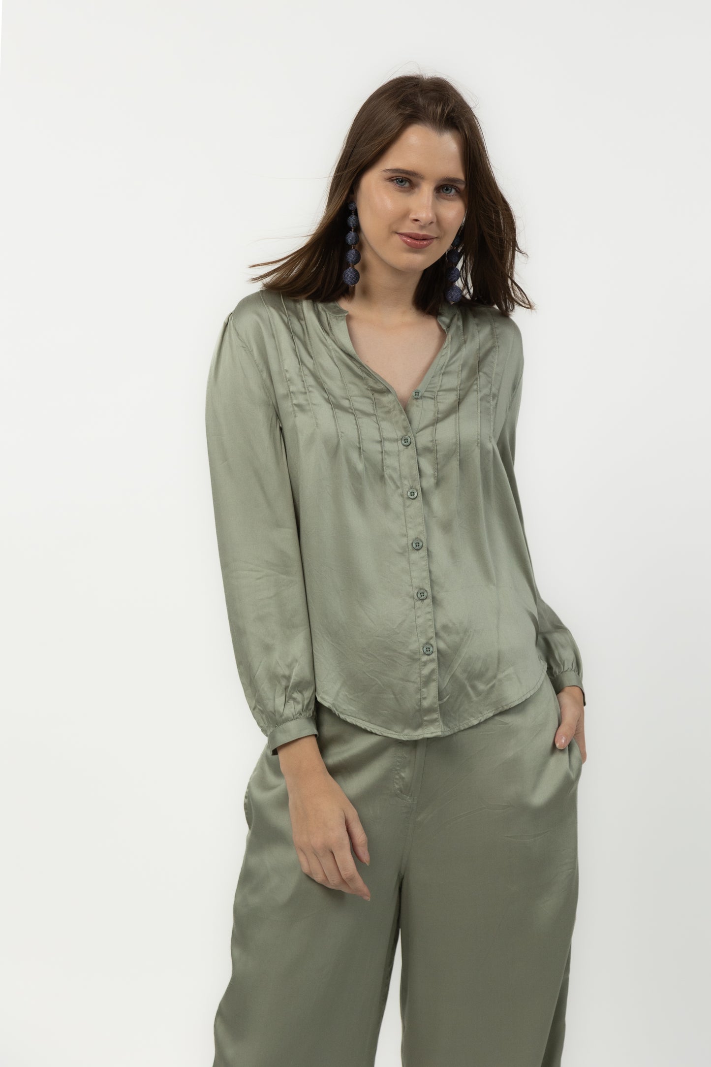 Cloud Modal Satin Pintuck Shirt (Sage)