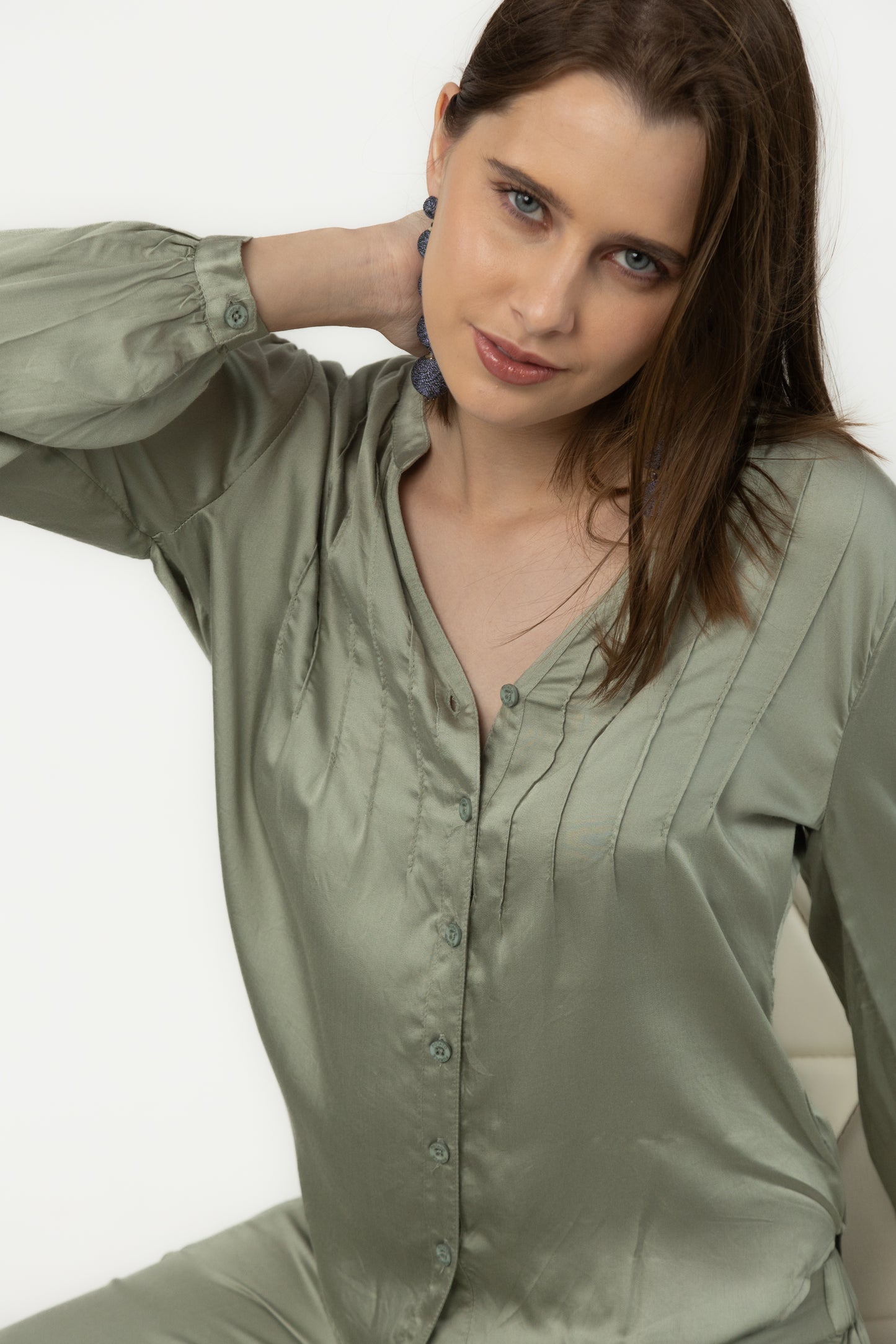 Cloud Modal Satin Pintuck Shirt (Sage)