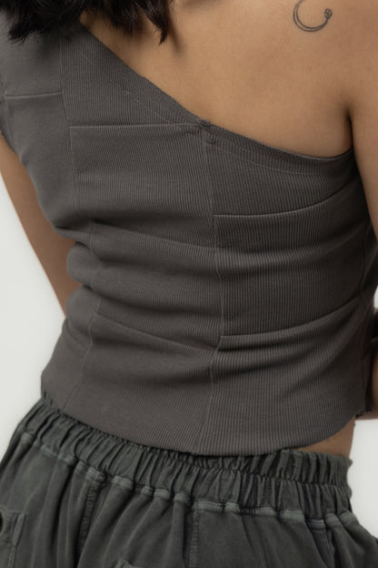 Tuberose One Shoulder Top (Dark Grey)